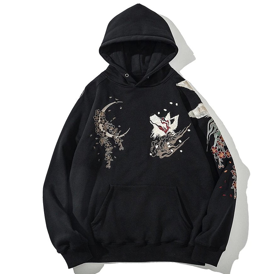 Harajuku Style Nine-tailed Fox Embroidery Hoodie - Kirakira World - grungestyle - kawaii fashion -kawaii store-kawaii aesthetic - kawaiistyle