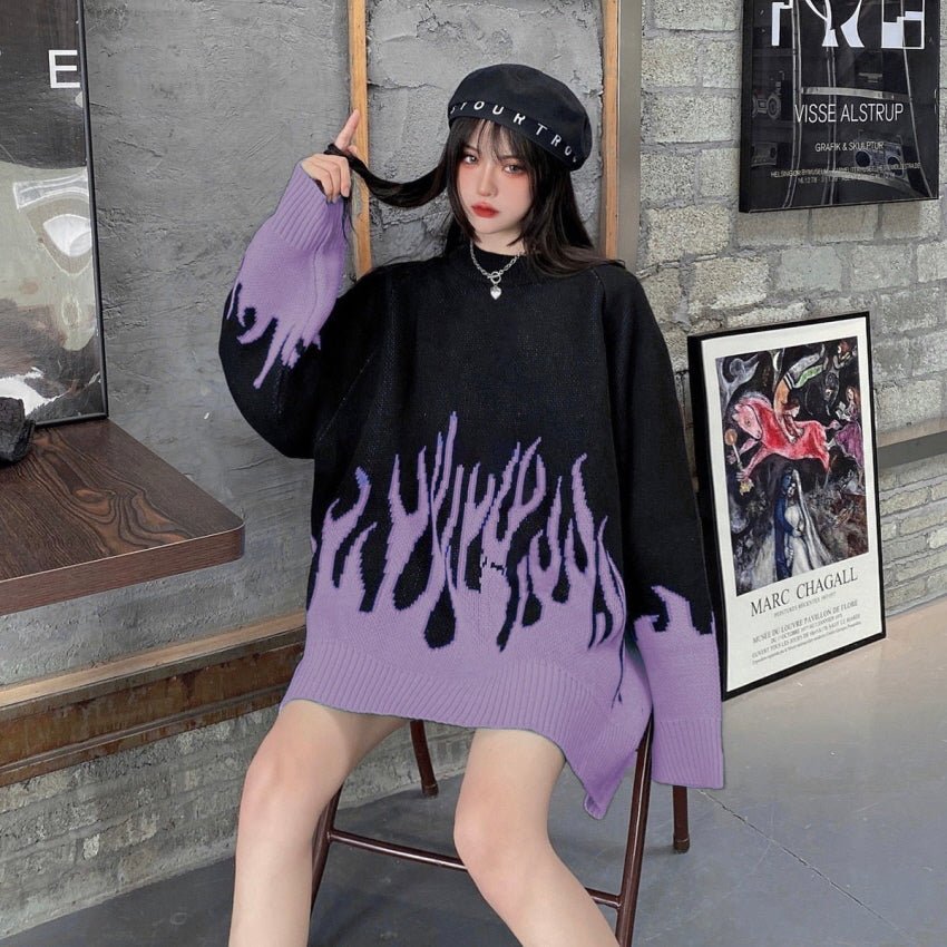 Flame Pattern Oversized Sweater - Purple - Kirakira World