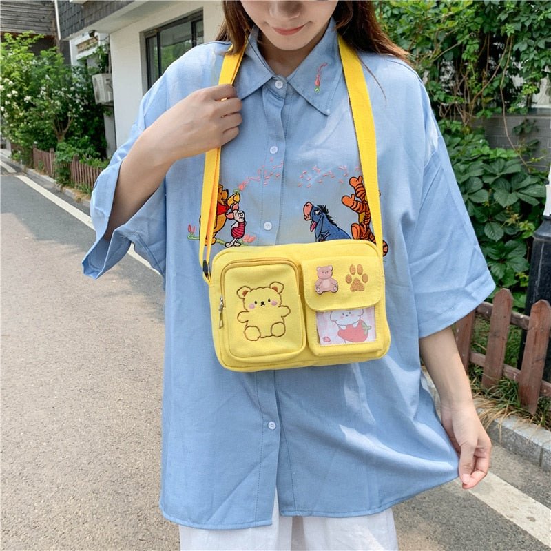 Cute Bear Embroidery Canvas Crossbody Bag - Kirakira World - grungestyle - kawaii fashion -kawaii store-kawaii aesthetic - kawaiistyle