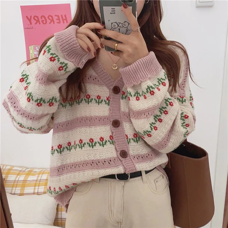 Kawaii Flower Sweater Cardigan - Kirakira World - grungestyle - kawaii fashion -kawaii store-kawaii aesthetic - kawaiistyle