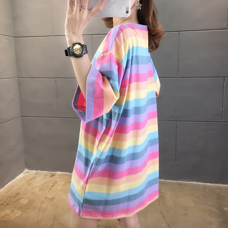 Rainbow Color Stripe Loose T-Shirt - Kirakira World - grungestyle - kawaii fashion -kawaii store-kawaii aesthetic - kawaiistyle
