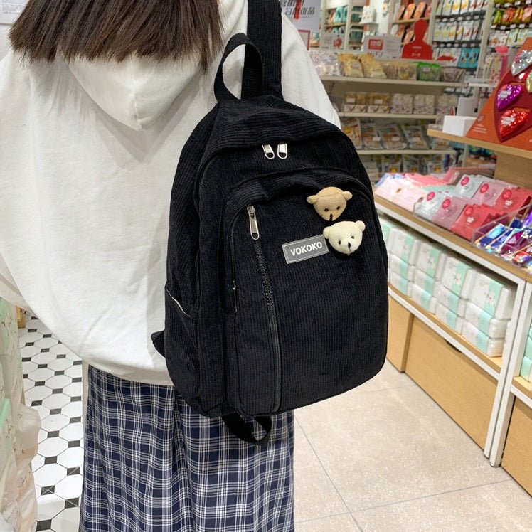 Kawaii Bear Pin Corduroy Backpack - Kirakira World - grungestyle - kawaii fashion -kawaii store-kawaii aesthetic - kawaiistyle
