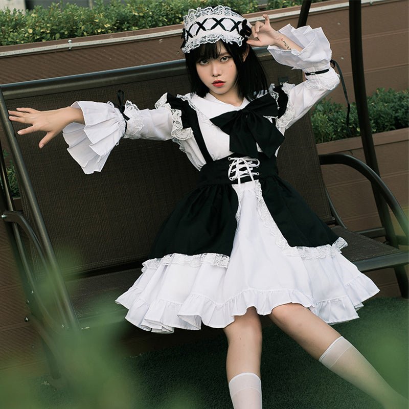 Unisex Bow Ruffle Maid Lolita Dress - Kirakira World - grungestyle - kawaii fashion -kawaii store-kawaii aesthetic - kawaiistyle