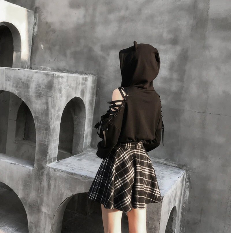 High Waist Plaid Mini Skirt - Black - Kirakira World - grungestyle - kawaii fashion -kawaii store-kawaii aesthetic - kawaiistyle