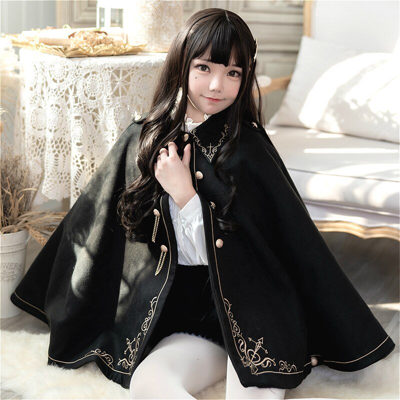 Anime Girl Golden Embroidered Dark Cloak Jacket - Kirakira World - grungestyle - kawaii fashion -kawaii store-kawaii aesthetic - kawaiistyle