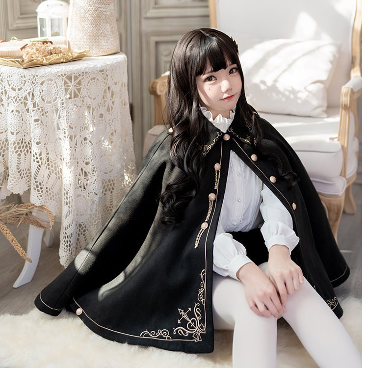 Anime Girl Golden Embroidered Dark Cloak Jacket - Kirakira World - grungestyle - kawaii fashion -kawaii store-kawaii aesthetic - kawaiistyle