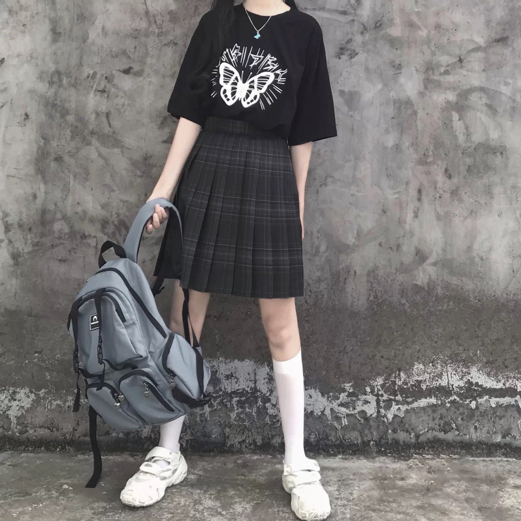 Black Plaid Japanese School Pleated Skirt - Kirakira World - grungestyle - kawaii fashion -kawaii store-kawaii aesthetic - kawaiistyle