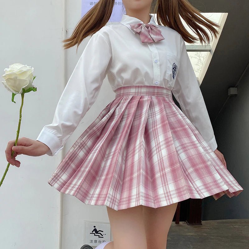 Pink Plaid JK School Uniform Long sleeve Set - Kirakira World - grungestyle - kawaii fashion -kawaii store-kawaii aesthetic - kawaiistyle