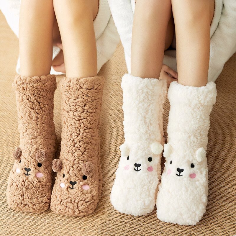 [Double Pack] Kawaii Bear Warm Fleece Winter Slippers Socks - Kirakira World - grungestyle - kawaii fashion -kawaii store-kawaii aesthetic - kawaiistyle