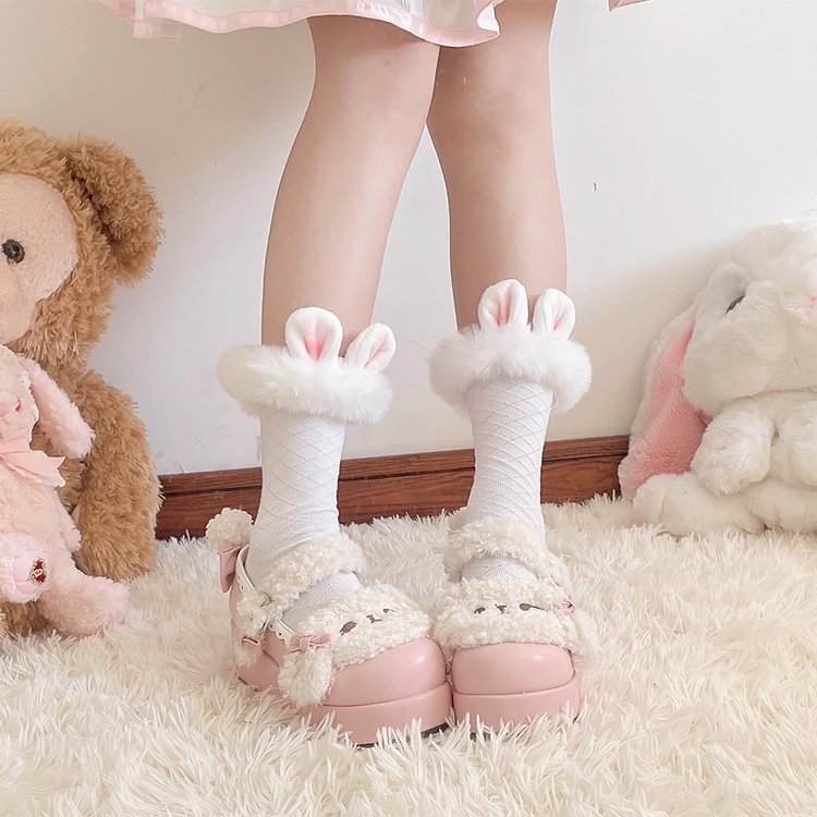 Kawaii Bunny Ears Fuzzy Ring Mid-calf Socks - Kirakira World