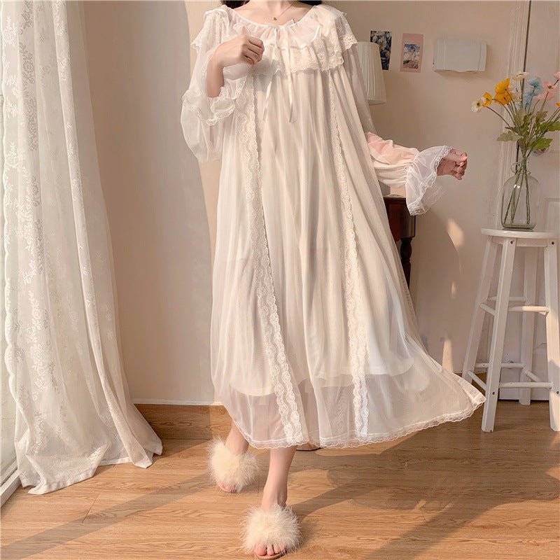 Cotton Nightgown Mesh Robe Sets Women Fairy White Night Dress Gown  Embroidery Lace Sleepwear (White XL code) : : Fashion