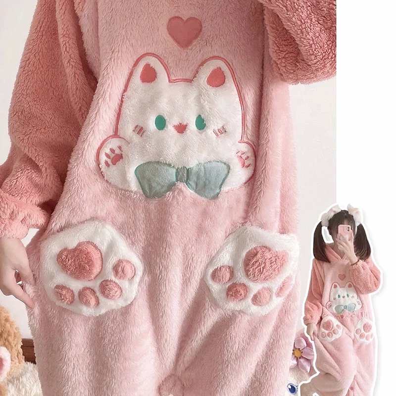 Kawaii Kitty Fuzzy Jumpsuit Dress Pajama - Kirakira World - grungestyle - kawaii fashion -kawaii store-kawaii aesthetic - kawaiistyle
