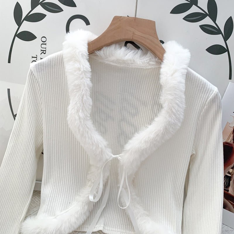 Knit Fur Open Front Crop Cardigan - Kirakira World - grungestyle - kawaii fashion -kawaii store-kawaii aesthetic - kawaiistyle