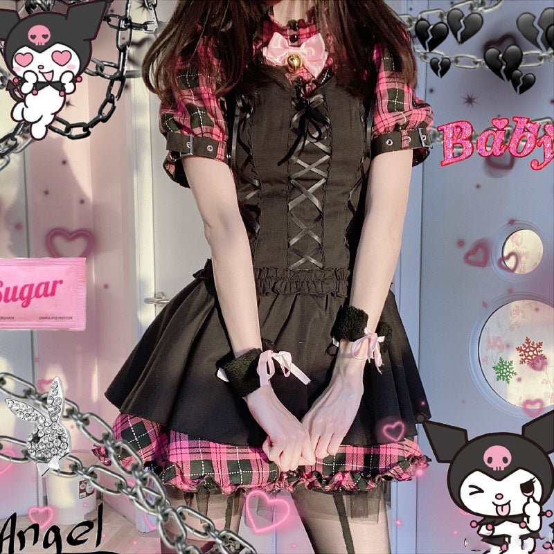 Lolita Pink Plaid Short Sleeve Strap Midi Dress - Kirakira World - grungestyle - kawaii fashion -kawaii store-kawaii aesthetic - kawaiistyle
