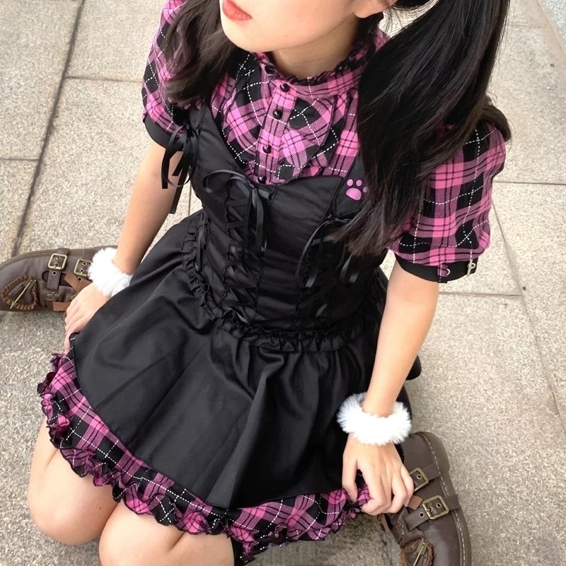 Lolita Pink Plaid Short Sleeve Strap Midi Dress - Kirakira World - grungestyle - kawaii fashion -kawaii store-kawaii aesthetic - kawaiistyle