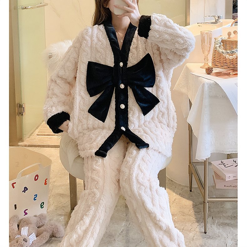 Lovely Big Bow Knot Plush Pajamas Set - Kirakira World - grungestyle - kawaii fashion -kawaii store-kawaii aesthetic - kawaiistyle