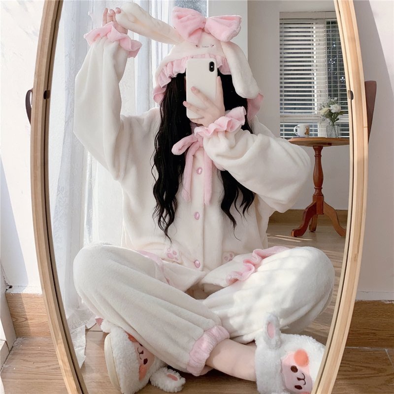 Lovely Bunny Ribbon Hooded Fuzzy Lounge PJ Sets - Kirakira World - grungestyle - kawaii fashion -kawaii store-kawaii aesthetic - kawaiistyle