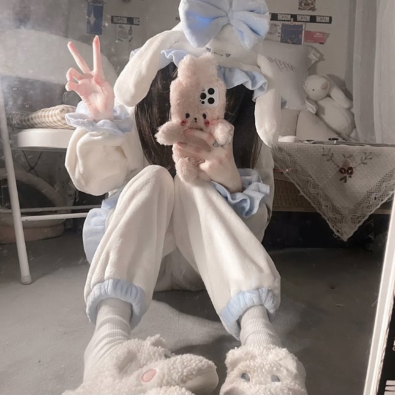 Lovely Bunny Ribbon Hooded Fuzzy Lounge PJ Sets - Kirakira World - grungestyle - kawaii fashion -kawaii store-kawaii aesthetic - kawaiistyle