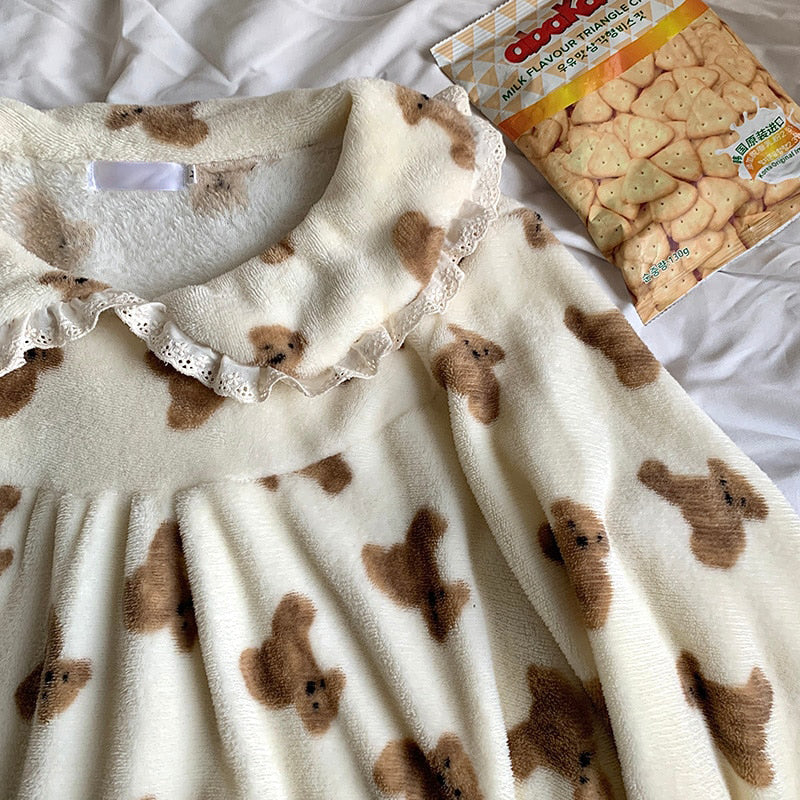 Lovely Cartoon Bear Fleece Pajama Dress - Kirakira World - grungestyle - kawaii fashion -kawaii store-kawaii aesthetic - kawaiistyle