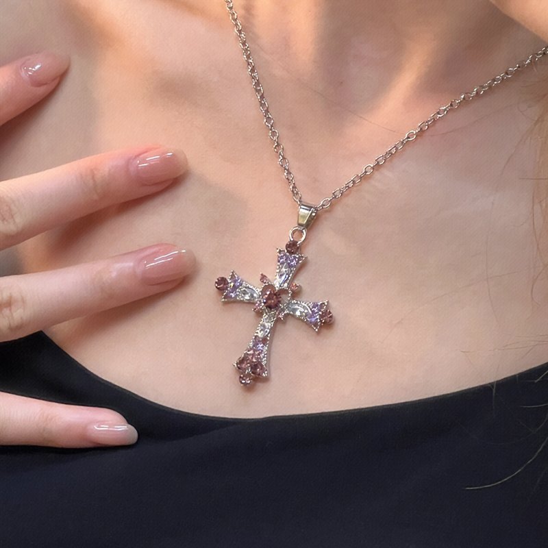 Multi Color Diamond Zircon Cross Pendant Necklace - Kirakira World - grungestyle - kawaii fashion -kawaii store-kawaii aesthetic - kawaiistyle