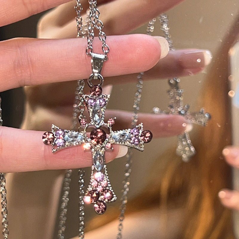 Multi Color Diamond Zircon Cross Pendant Necklace - Kirakira World - grungestyle - kawaii fashion -kawaii store-kawaii aesthetic - kawaiistyle