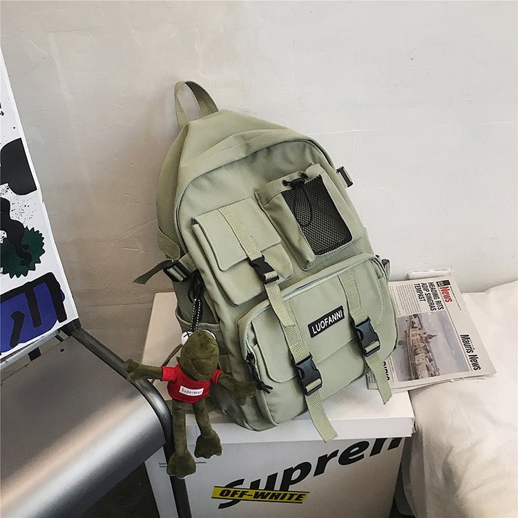 Nylon School Functional Travel Backpack with Frog Toy - Kirakira World - grungestyle - kawaii fashion -kawaii store-kawaii aesthetic - kawaiistyle