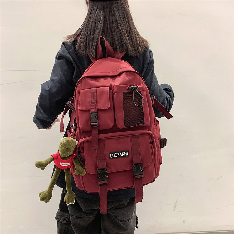Nylon School Functional Travel Backpack with Frog Toy - Kirakira World - grungestyle - kawaii fashion -kawaii store-kawaii aesthetic - kawaiistyle