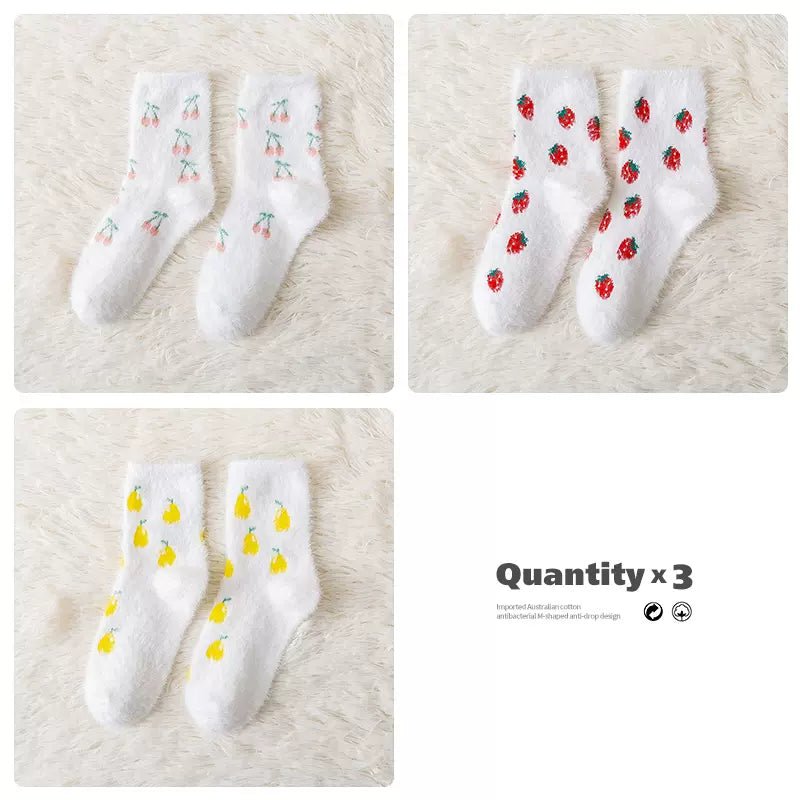3 Pairs Sweet Fruit Fuzzy Velvet Socks - Kirakira World - grungestyle - kawaii fashion -kawaii store-kawaii aesthetic - kawaiistyle
