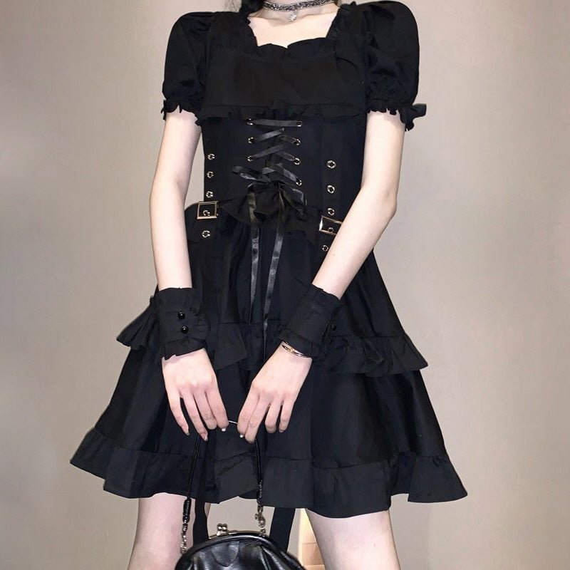 Ruffle Lace Up Buckle Gothic Sweet Dress - Kirakira World