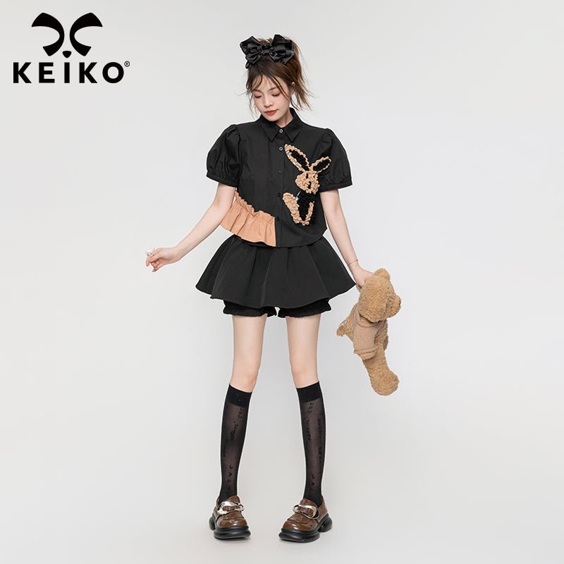 3D Bunny Puff Sleeve Black Shirt - Kirakira World