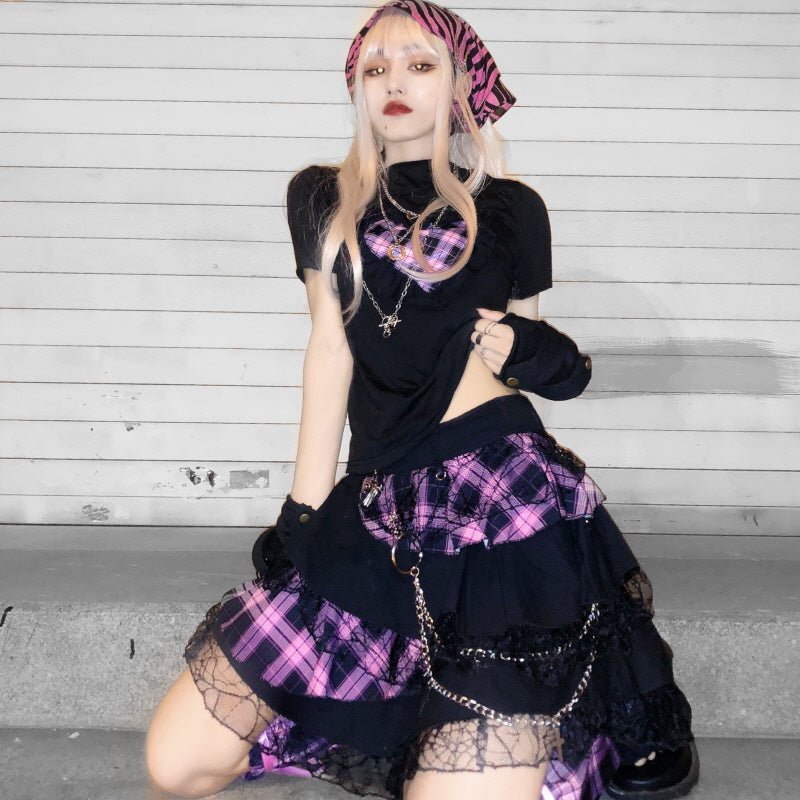 Black Pink Plaid Lace Pleated Skirt with Metal Accessories - Kirakira World - grungestyle - kawaii fashion -kawaii store-kawaii aesthetic - kawaiistyle
