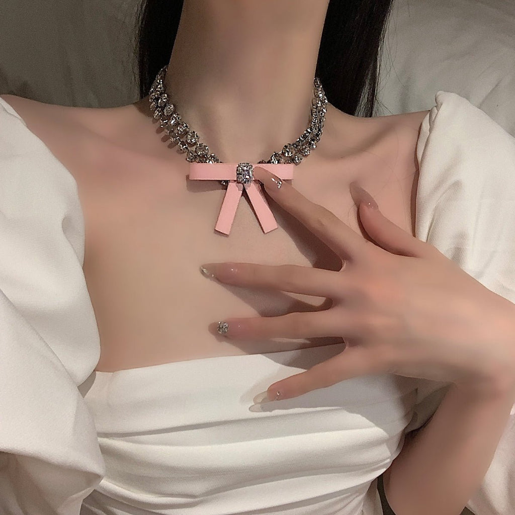 Pink Bow Zircon Necklace - Kirakira World
