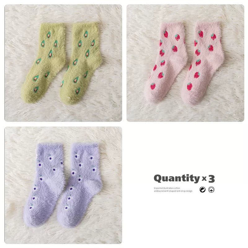 3 Pairs Sweet Fruit Fuzzy Velvet Socks - Kirakira World - grungestyle - kawaii fashion -kawaii store-kawaii aesthetic - kawaiistyle
