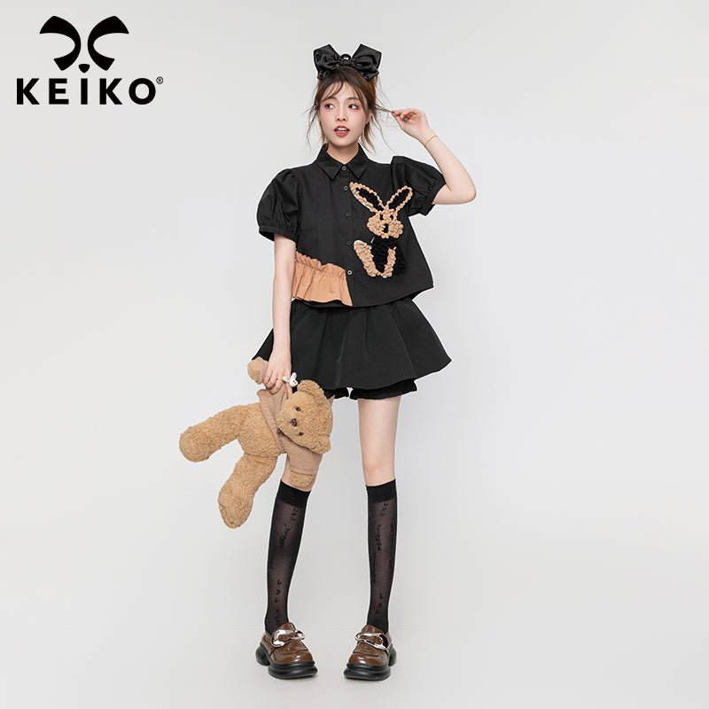 3D Bunny Puff Sleeve Black Shirt - Kirakira World