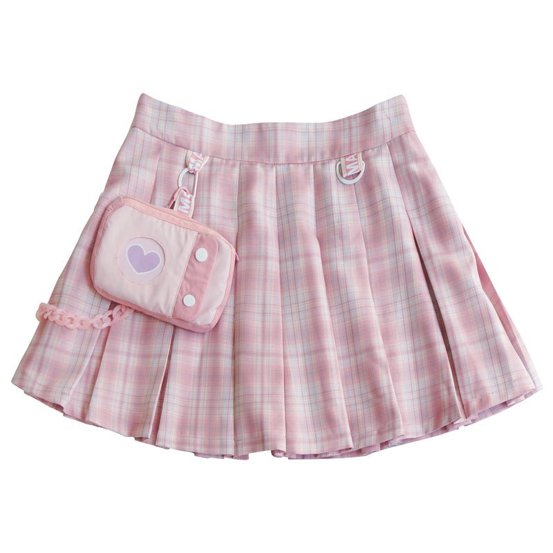 Spring Love Pocket Chain Plaid Pleated Skirt - Kirakira World - grungestyle - kawaii fashion -kawaii store-kawaii aesthetic - kawaiistyle
