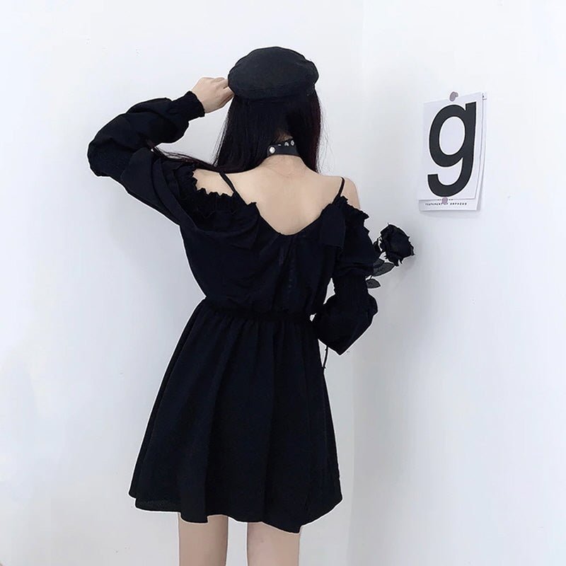 Off-Shoulder Long Sleeve Gothic Dress - Kirakira World - grungestyle - kawaii fashion -kawaii store-kawaii aesthetic - kawaiistyle