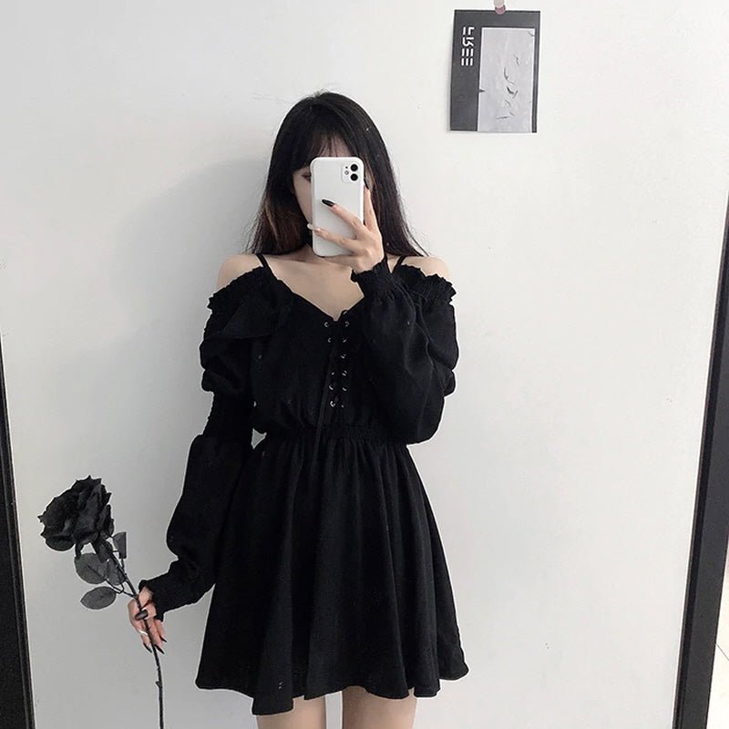 Off-Shoulder Long Sleeve Gothic Dress - Kirakira World - grungestyle - kawaii fashion -kawaii store-kawaii aesthetic - kawaiistyle