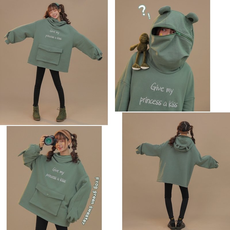 Original Design "GIVE MY PRINCESS A KISS" Frog Zipper Pocket Cotton Hoodie - Kirakira World - grungestyle - kawaii fashion -kawaii store-kawaii aesthetic - kawaiistyle