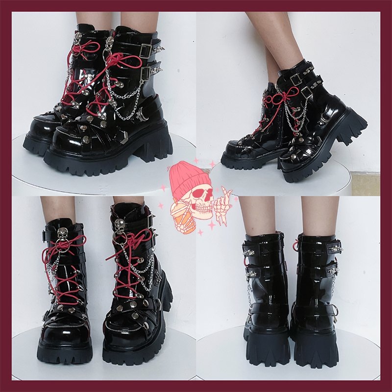 📢 "Late shipping 3days plus- Original Punk Studded Skull Combat Boots - Kirakira World