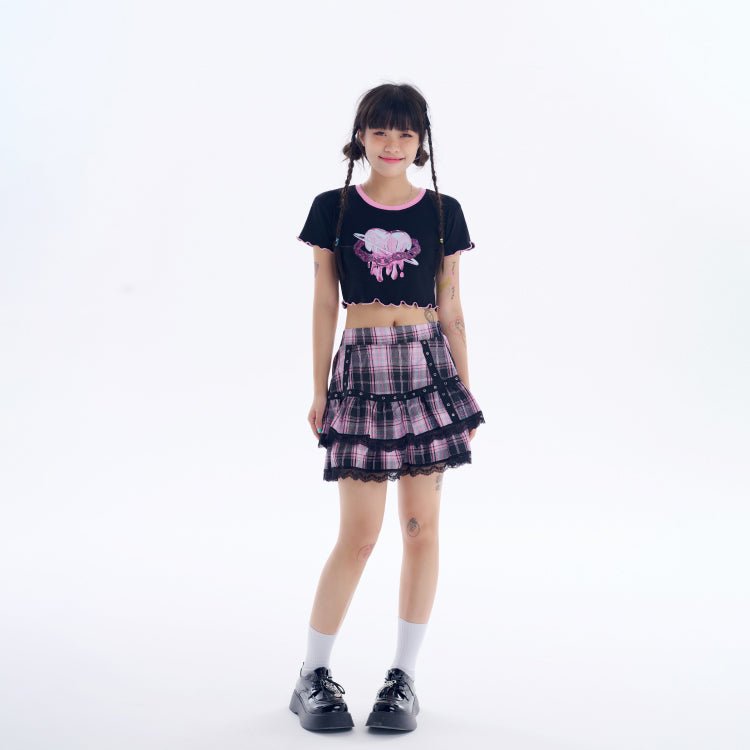 Pastel Goth Plaid Pleated Lace Skirts - Kirakira World - grungestyle - kawaii fashion -kawaii store-kawaii aesthetic - kawaiistyle
