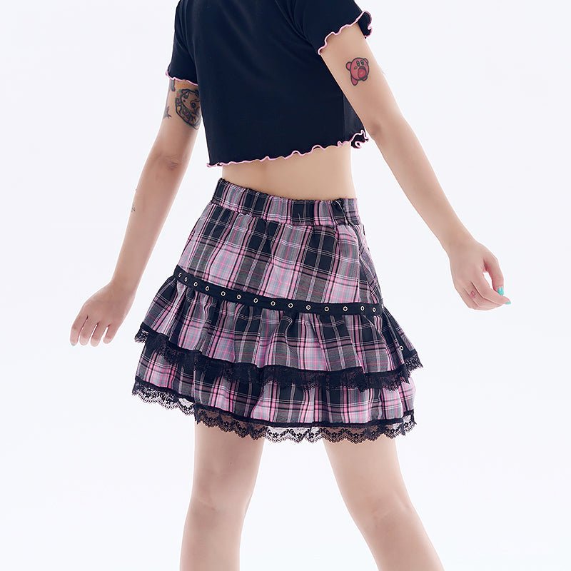 Pastel Goth Plaid Pleated Lace Skirts - Kirakira World - grungestyle - kawaii fashion -kawaii store-kawaii aesthetic - kawaiistyle