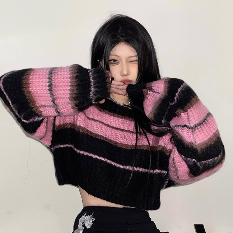Pink Black Striped Cropped Sweater - Kirakira World - grungestyle - kawaii fashion -kawaii store-kawaii aesthetic - kawaiistyle