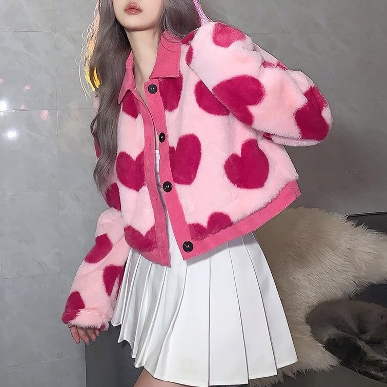 Pink Heart Soft Plush Short Cardigan Jacket - Kirakira World - grungestyle - kawaii fashion -kawaii store-kawaii aesthetic - kawaiistyle