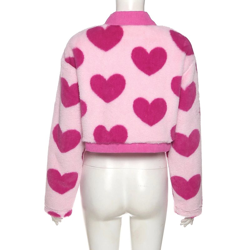 Pink Heart Soft Plush Short Cardigan Jacket - Kirakira World - grungestyle - kawaii fashion -kawaii store-kawaii aesthetic - kawaiistyle
