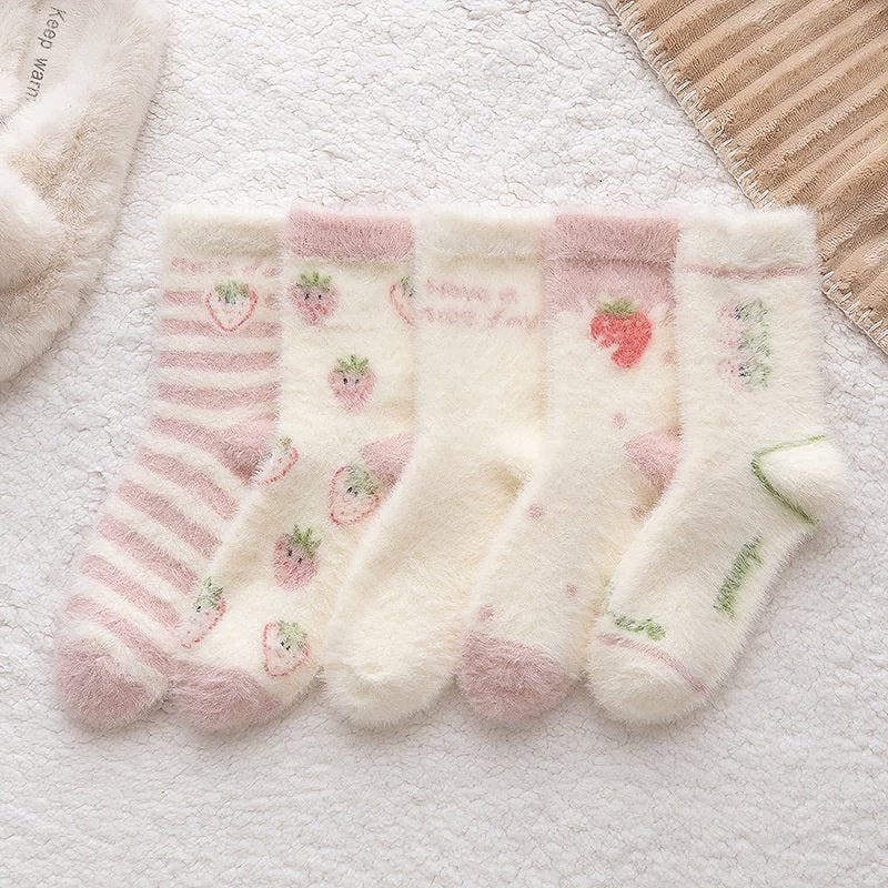 Kirakira World Sweet Pink Strawberry Milk Fuzzy Socks