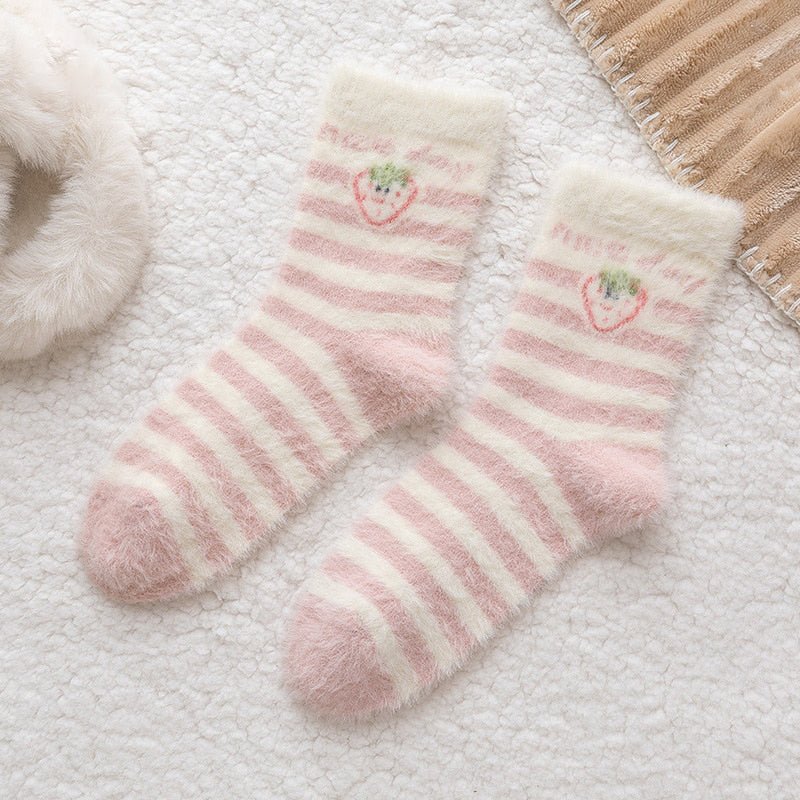 Sweet Pink Strawberry Milk Fuzzy Socks - Kirakira World - grungestyle - kawaii fashion -kawaii store-kawaii aesthetic - kawaiistyle