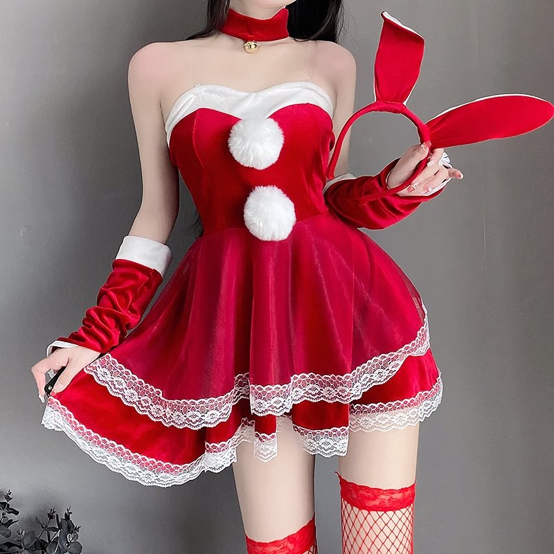 Christmas Cosplay Pom Pom Off Shoulder Dress Set - Kirakira World - grungestyle - kawaii fashion -kawaii store-kawaii aesthetic - kawaiistyle