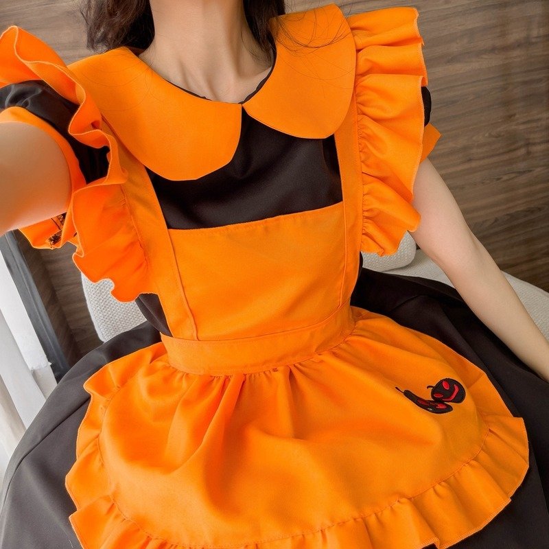 Cosplay Pumpkin Bat Embroidery Doll Collar Maid Dress - Kirakira World - grungestyle - kawaii fashion -kawaii store-kawaii aesthetic - kawaiistyle