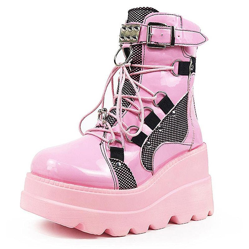 Punk Lace-Up Platform Boots - Pink - Kirakira World