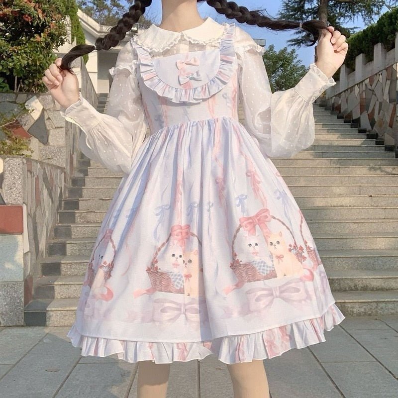 Sweet Bow Ruffle Cat Printed Lolita Dress - Kirakira World - grungestyle - kawaii fashion -kawaii store-kawaii aesthetic - kawaiistyle